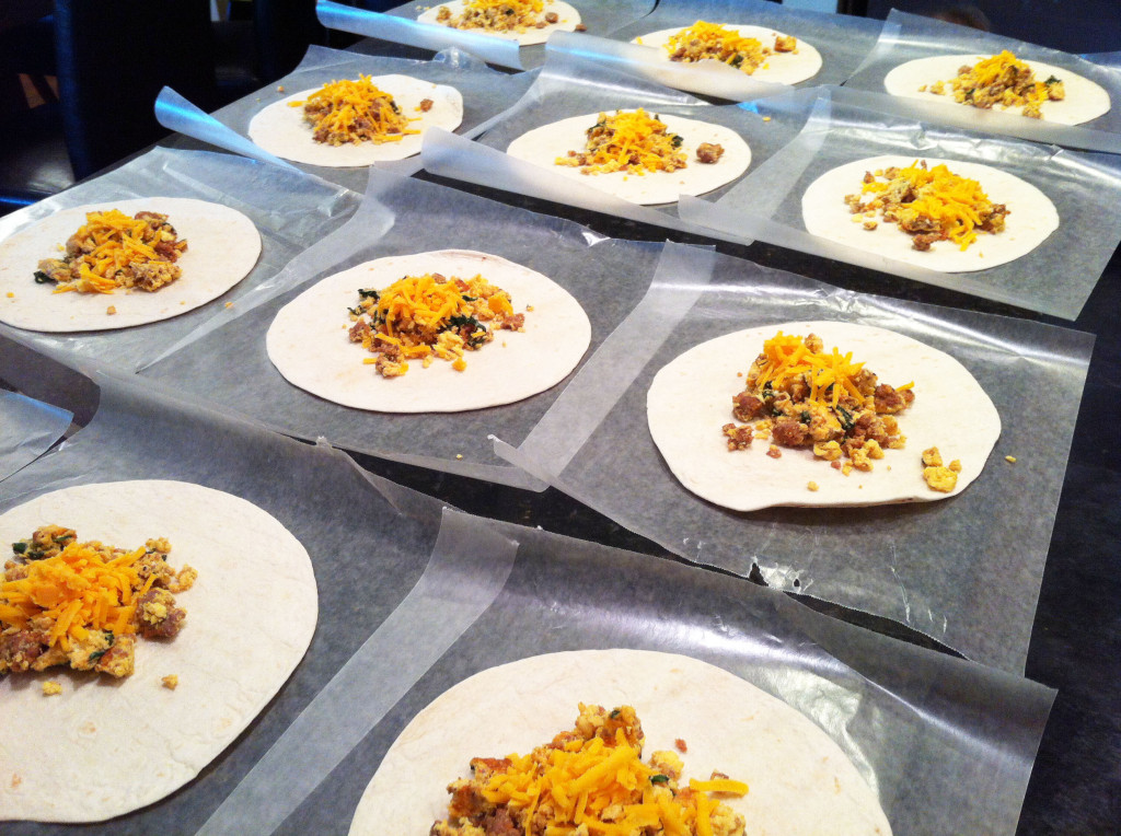 freezer to microwave breakfast burritos assembly line