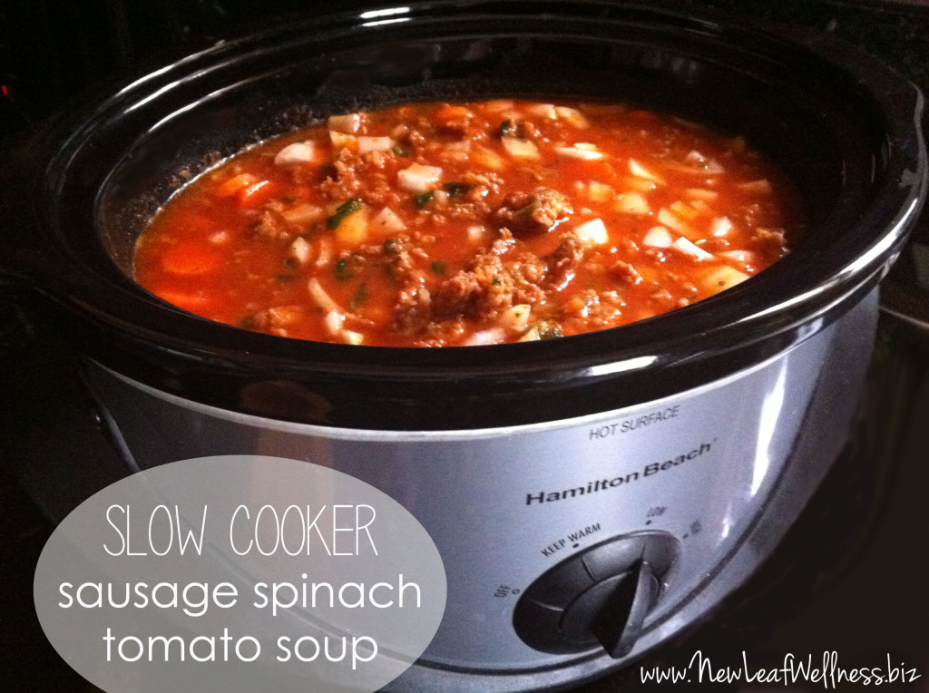 slow cooker sausage spinach tomato soup in crockpot