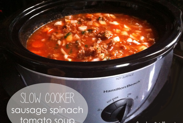 slow cooker sausage spinach tomato soup in crockpot