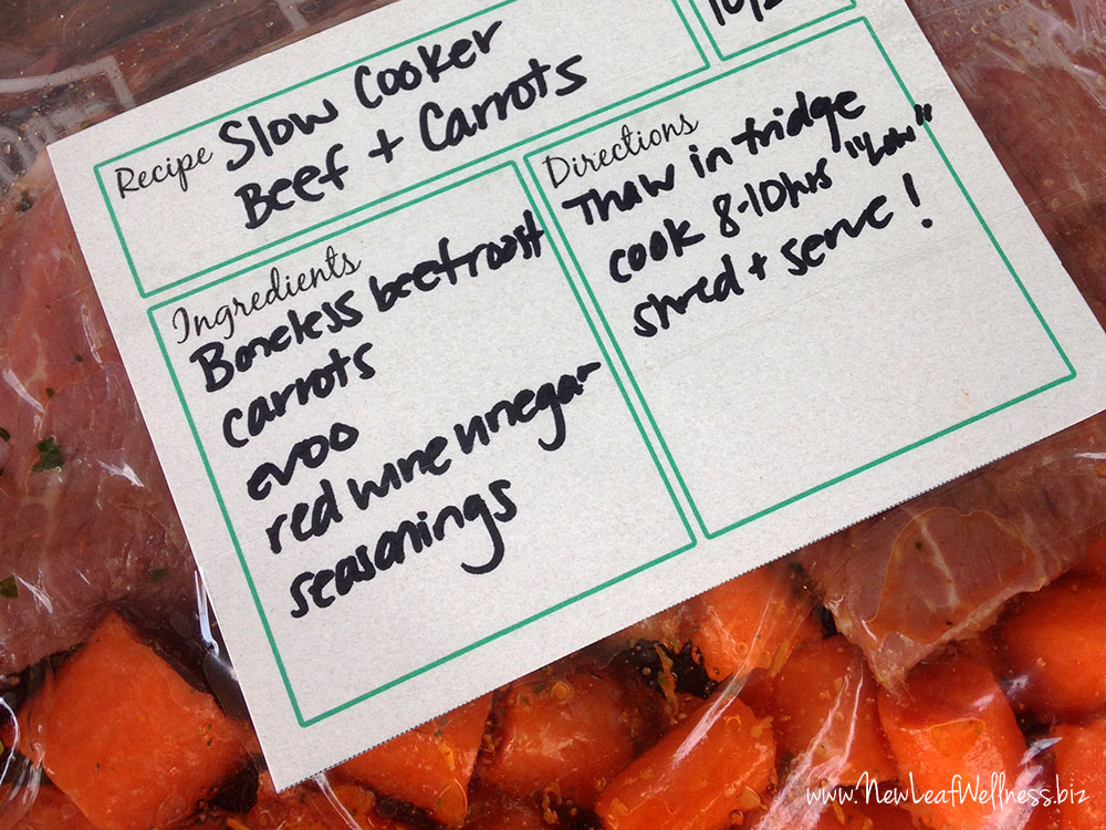 Five Freezer Slow Cooker Meals in an Hour - Beef Roast and Carrots