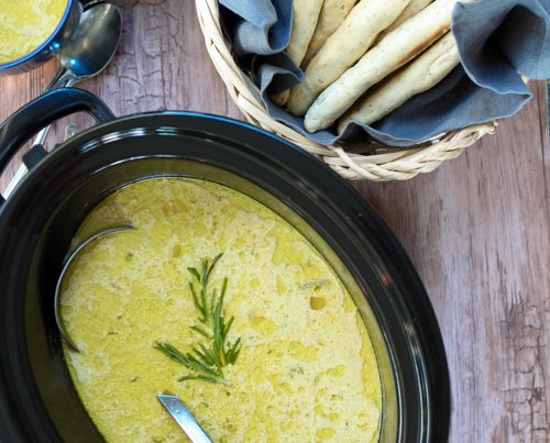 Crockpot Creamy Asparagus Soup with Rosemary Breadsticks