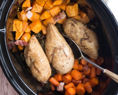 Crockpot Bacon Balsamic Chicken and Vegetables