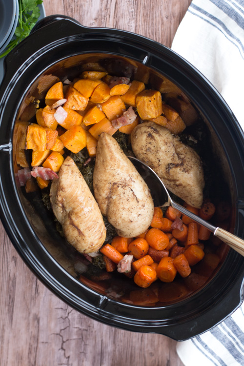 Crockpot Bacon Balsamic Chicken and Vegetables