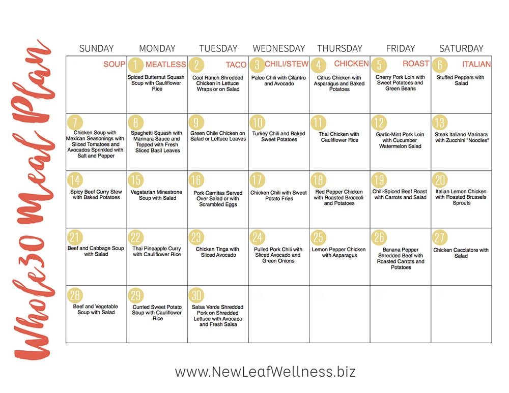 Whole 30 Diet Calendar - Halie Kerrill